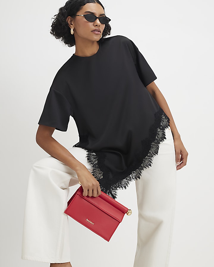 Black Asymmetric Satin Lace T-shirt