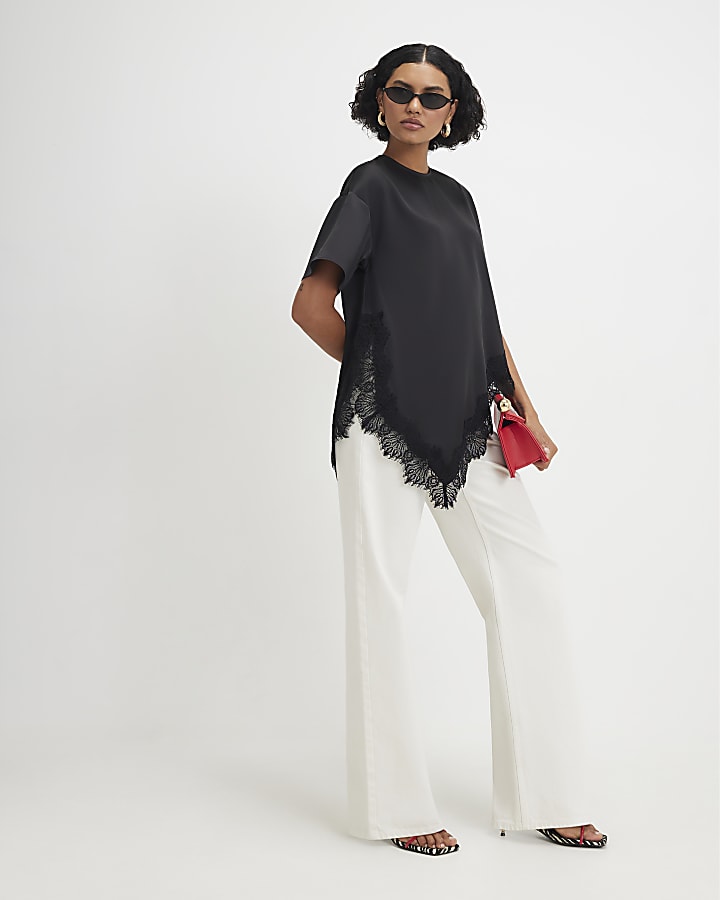 Black Asymmetric Satin Lace T-shirt