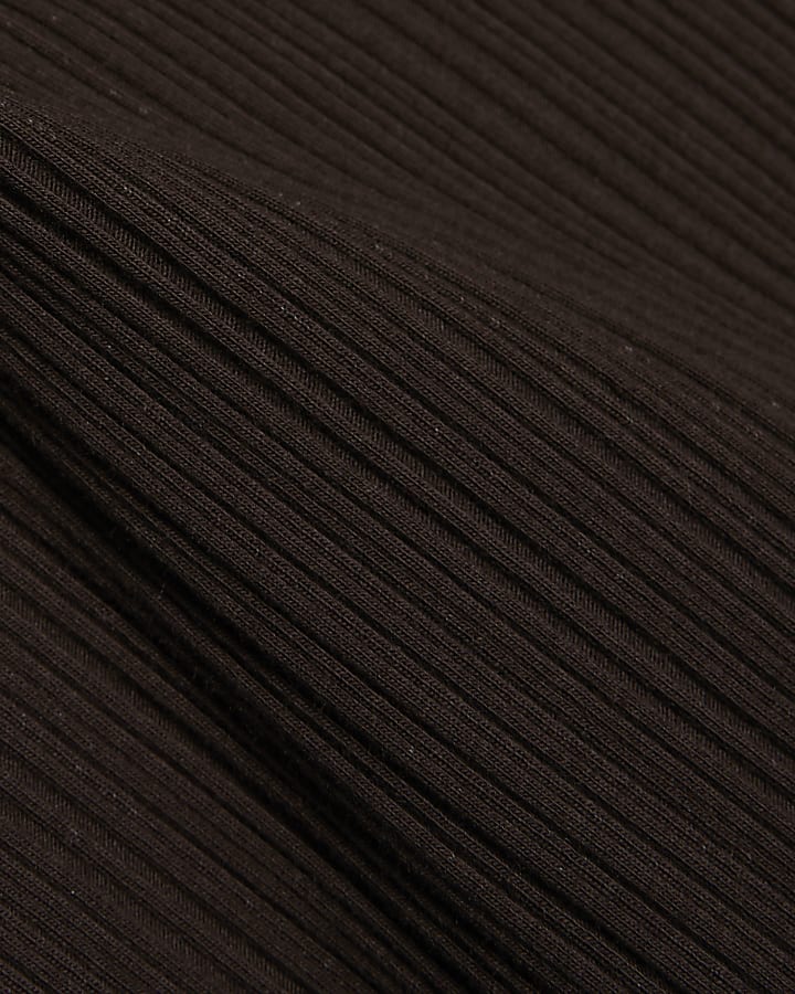 Brown Cotton Blend Textured Rib High Neck Top