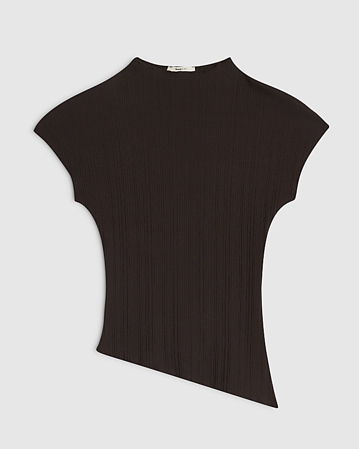 Brown Cotton Blend Textured Rib High Neck Top