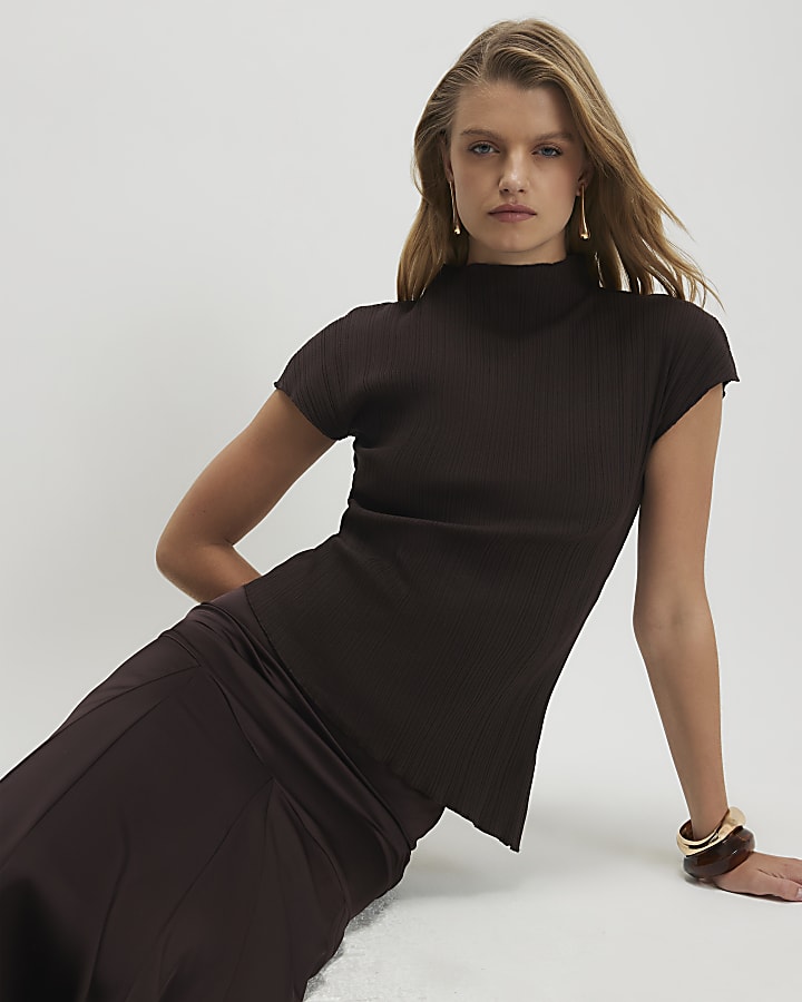 Brown Cotton Blend Textured Rib High Neck Top