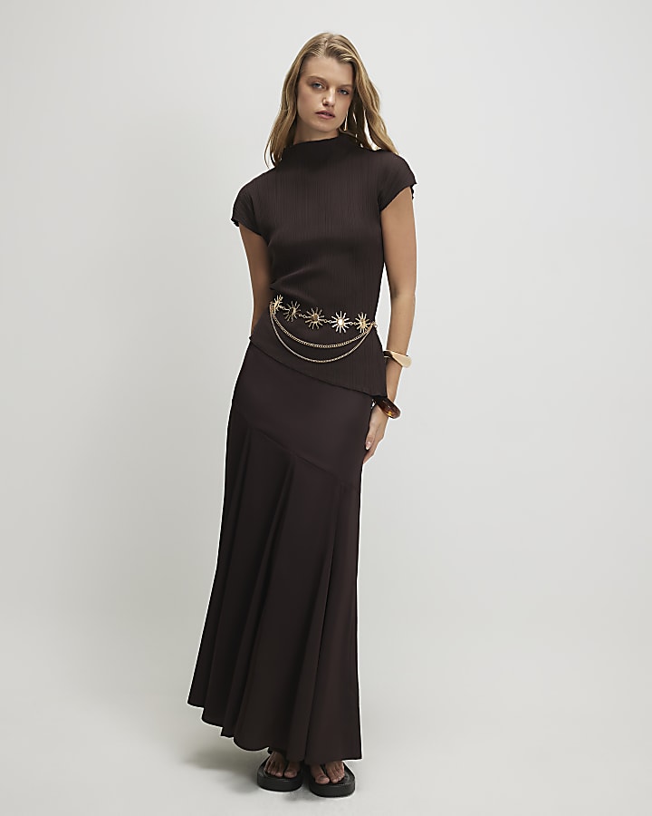 Brown Cotton Blend Textured Rib High Neck Top