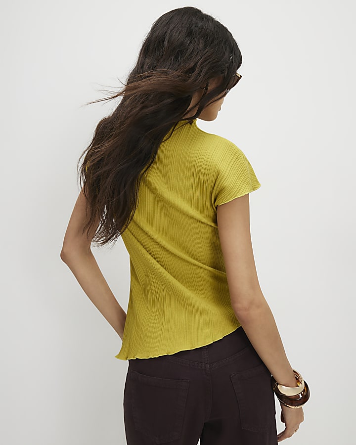 Green Cotton Blend Textured High Neck Top