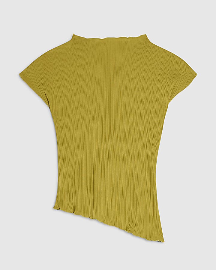 Green Cotton Blend Textured High Neck Top
