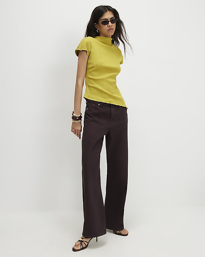 Green Cotton Blend Textured High Neck Top