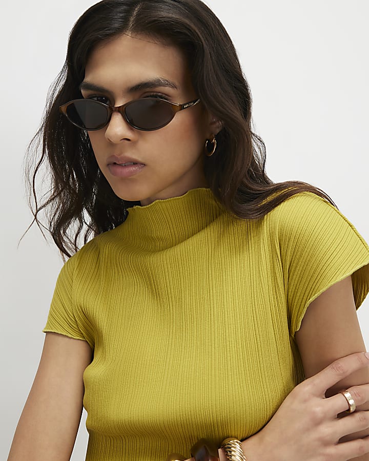 Green Cotton Blend Textured High Neck Top