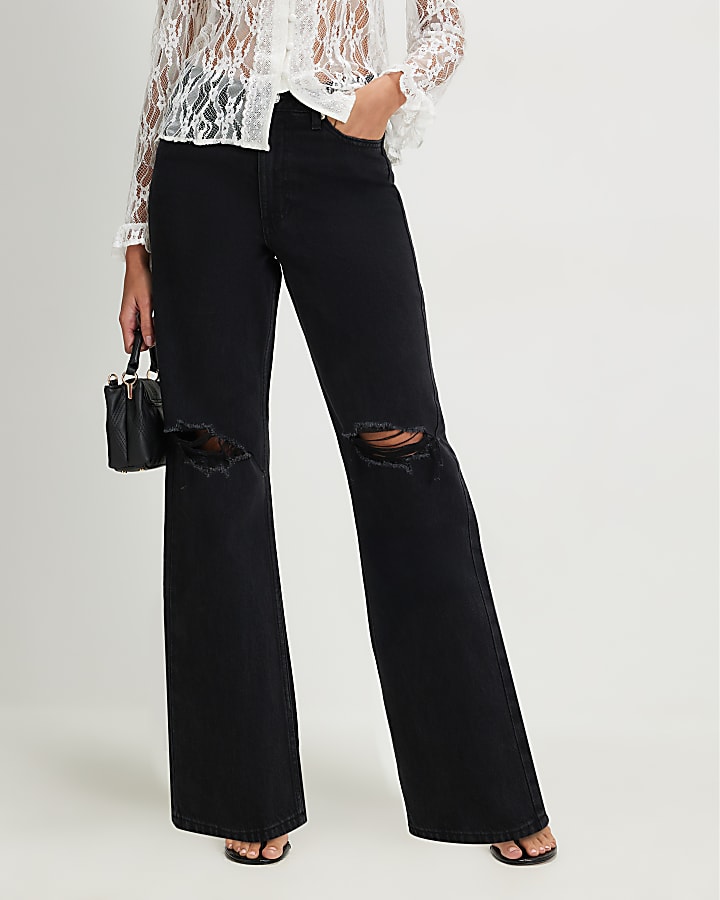 Black Relaxed Straight Leg Ripped Jeans
