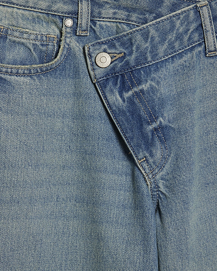 Blue Washed Asymmetric Fly Barrel Leg Jeans