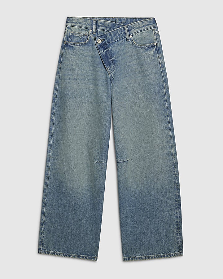 Blue Washed Asymmetric Fly Barrel Leg Jeans