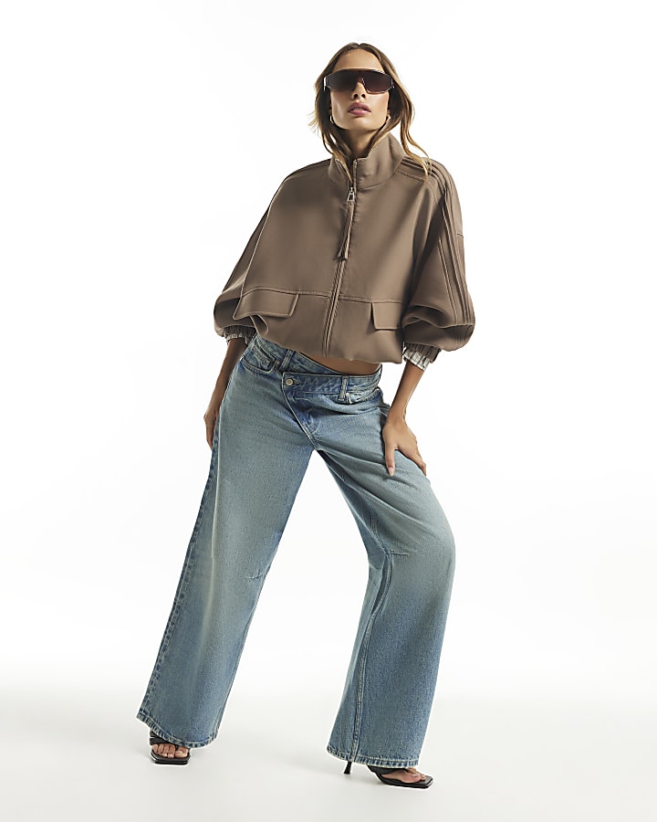 Blue Washed Asymmetric Fly Barrel Leg Jeans