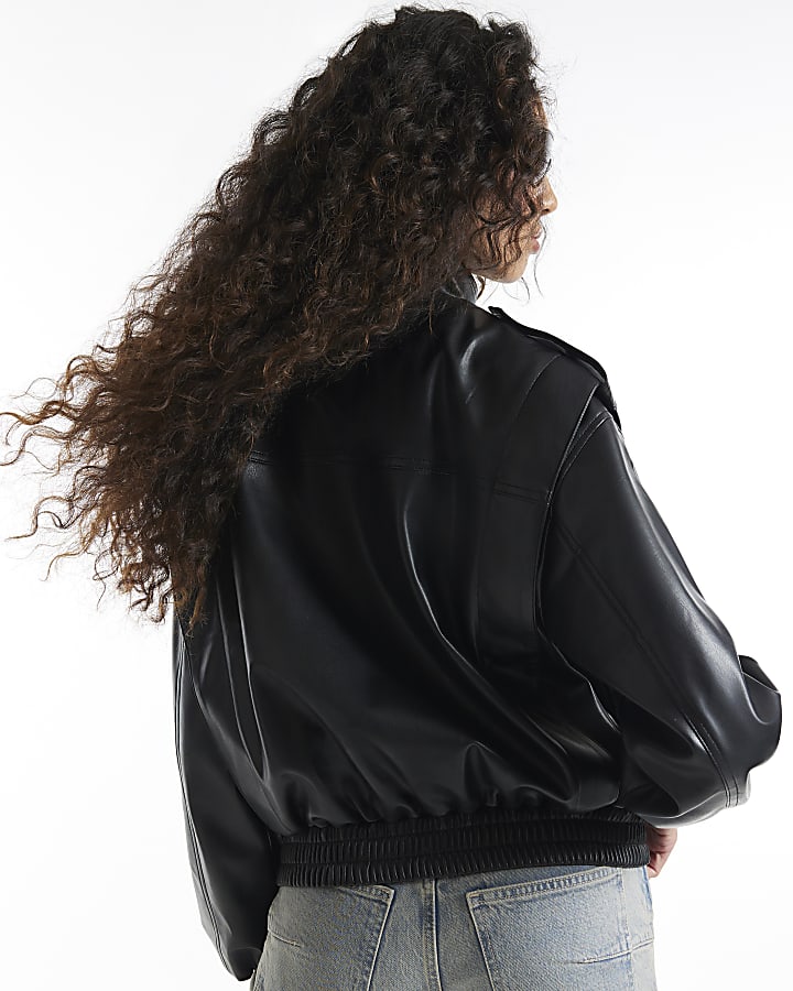 Black Faux Leather Funnel Neck Jacket