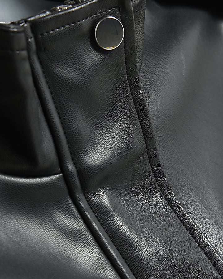 Black Faux Leather Funnel Neck Jacket