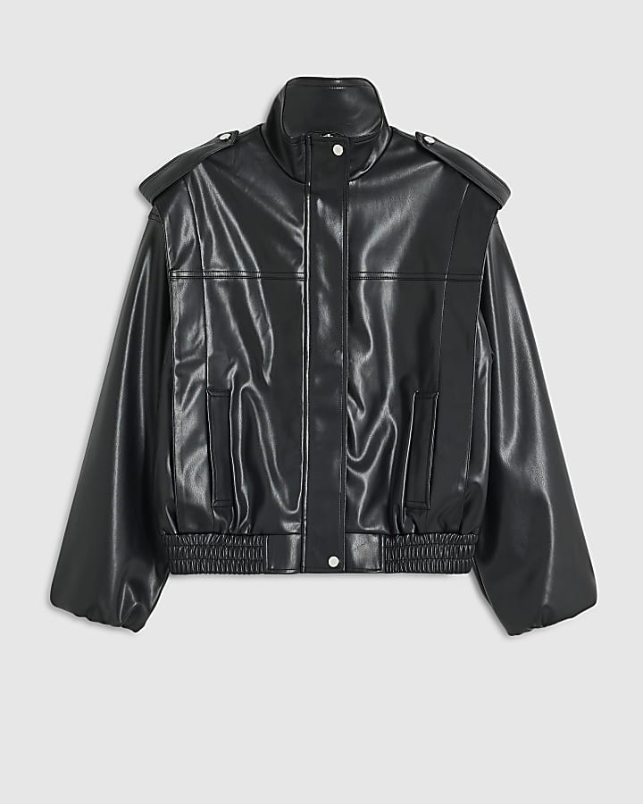 Black Faux Leather Funnel Neck Jacket