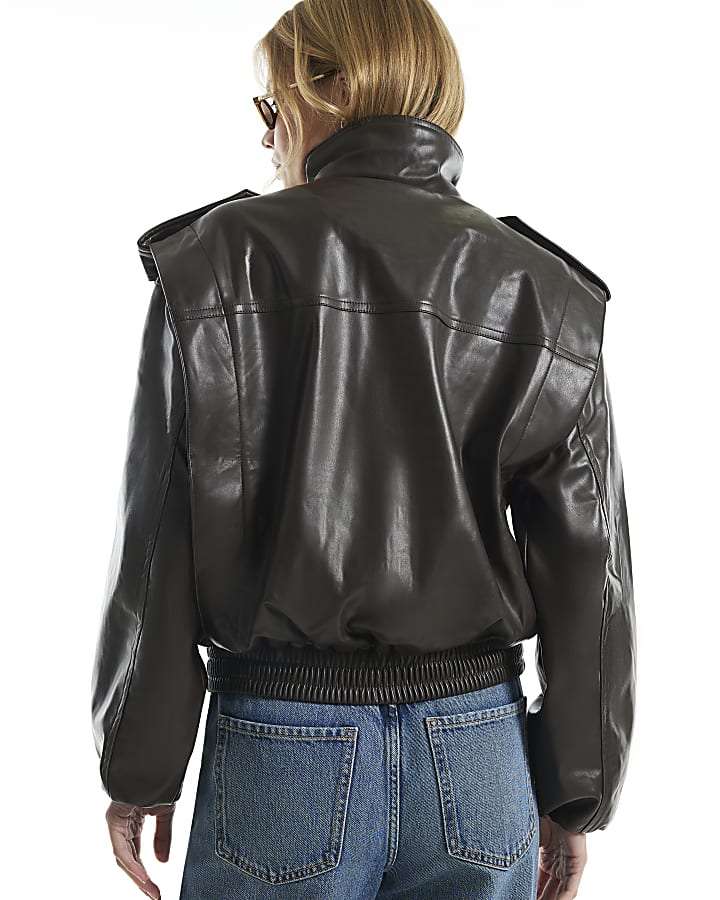 Brown Faux Leather Funnel Neck Jacket