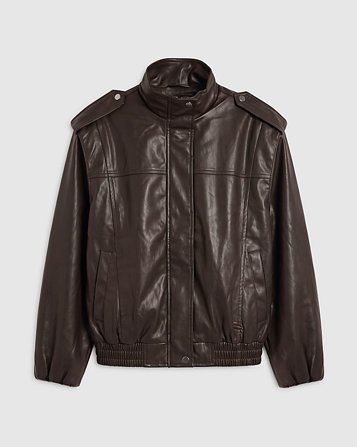 Brown Faux Leather Funnel Neck Jacket