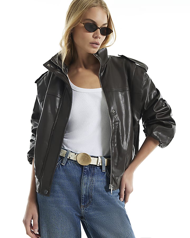 Brown Faux Leather Funnel Neck Jacket