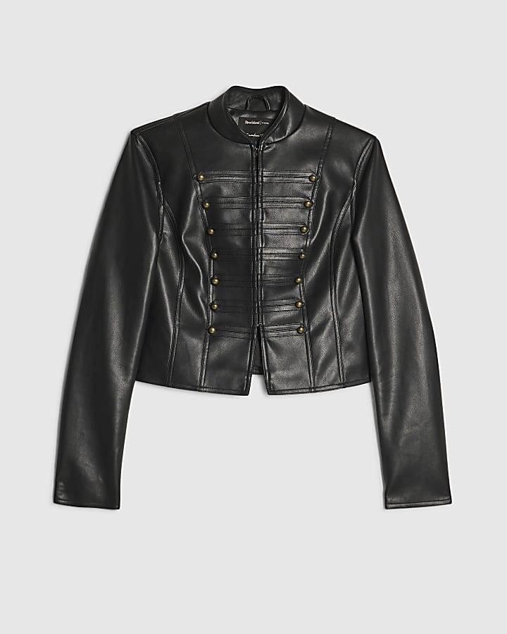 Black Faux Leather Fitted Drummer Jacket