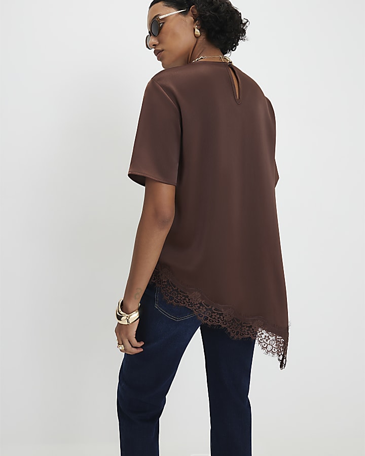 Brown Asymmetric Lace Trim Satin T-Shirt