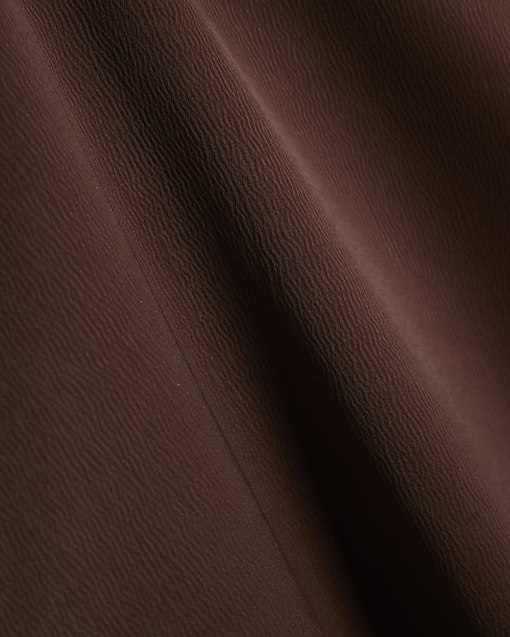 Brown Asymmetric Lace Trim Satin T-Shirt