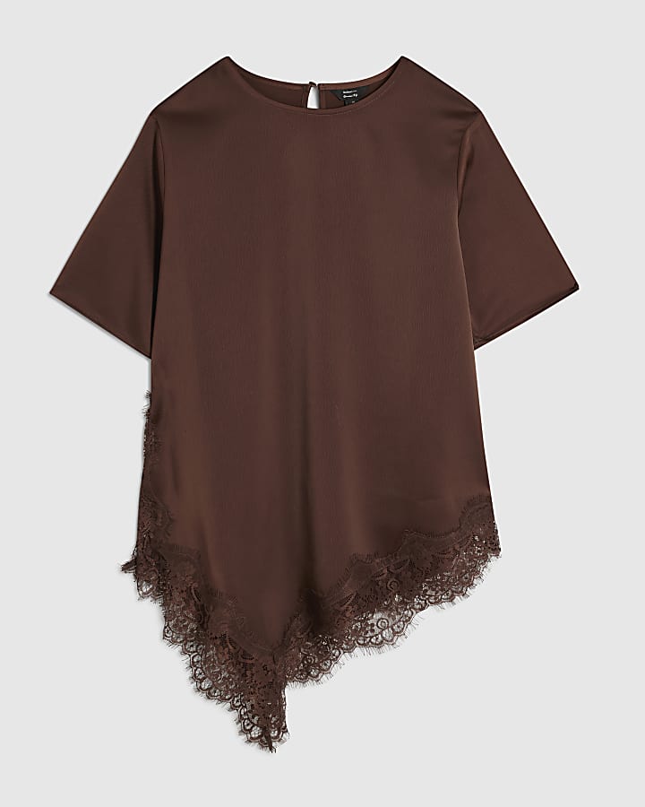 Brown Asymmetric Lace Trim Satin T-Shirt