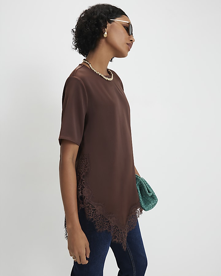 Brown Asymmetric Lace Trim Satin T-Shirt