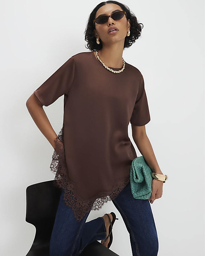 Brown Asymmetric Lace Trim Satin T-Shirt