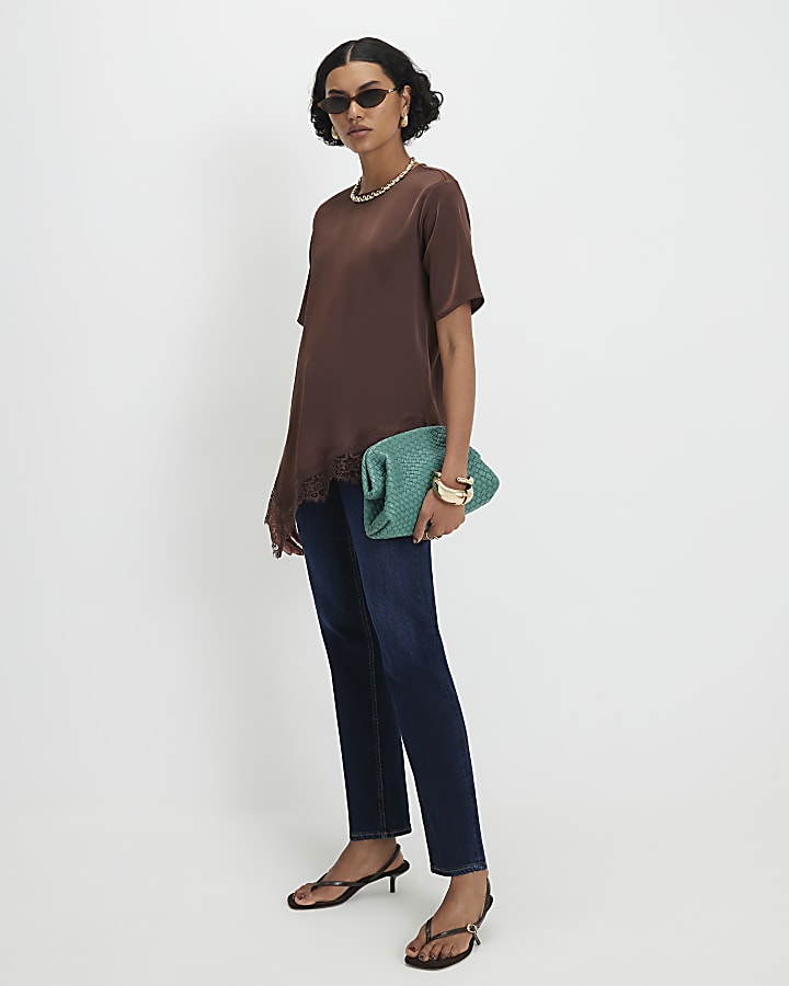 Brown Asymmetric Lace Trim Satin T-Shirt