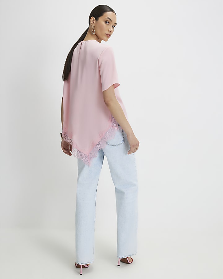 Pink Asymmetric Lace Trim Satin T-Shirt