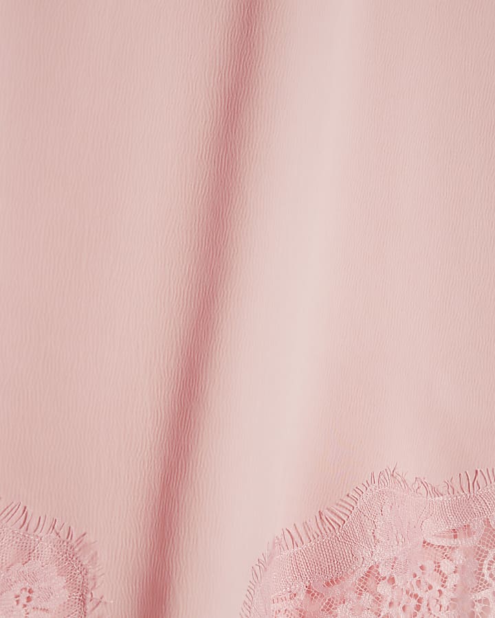 Pink Asymmetric Lace Trim Satin T-Shirt
