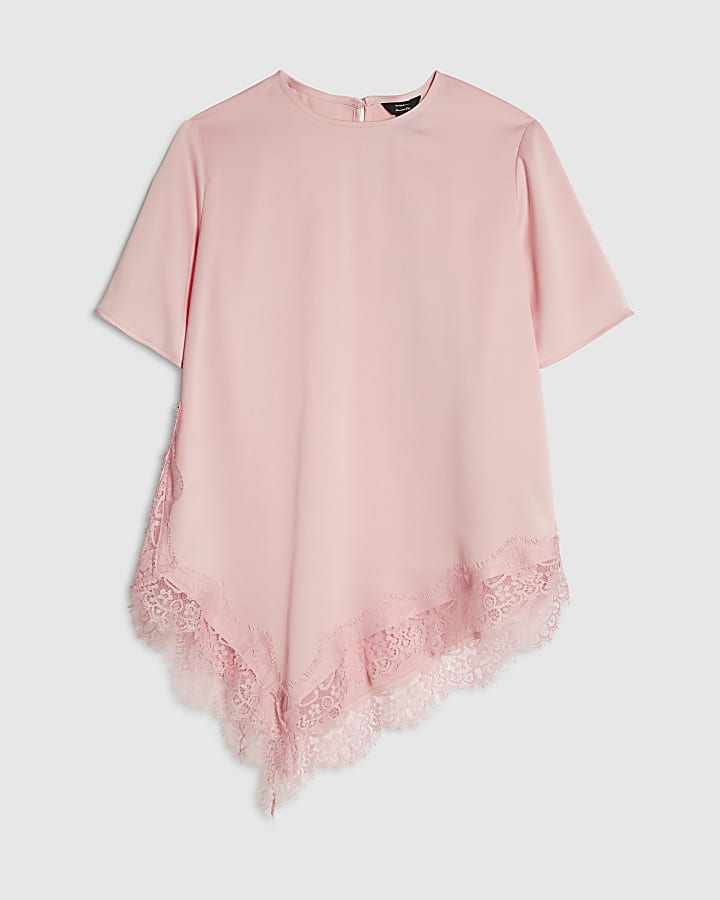 Pink Asymmetric Lace Trim Satin T-Shirt