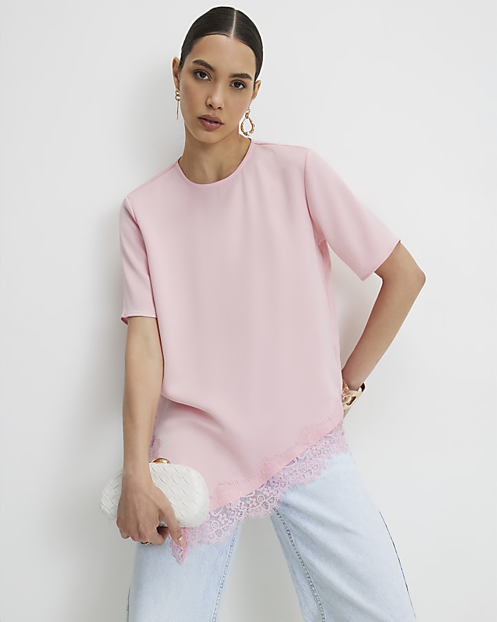 Pink Asymmetric Lace Trim Satin T-Shirt