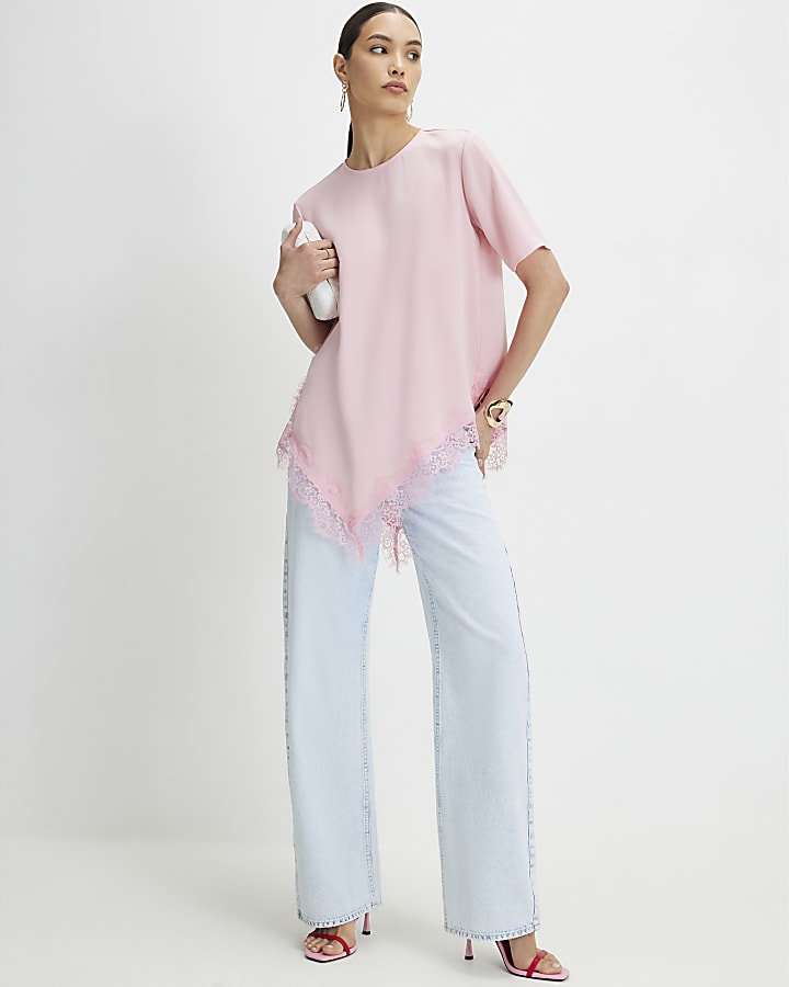 Pink Asymmetric Lace Trim Satin T-Shirt