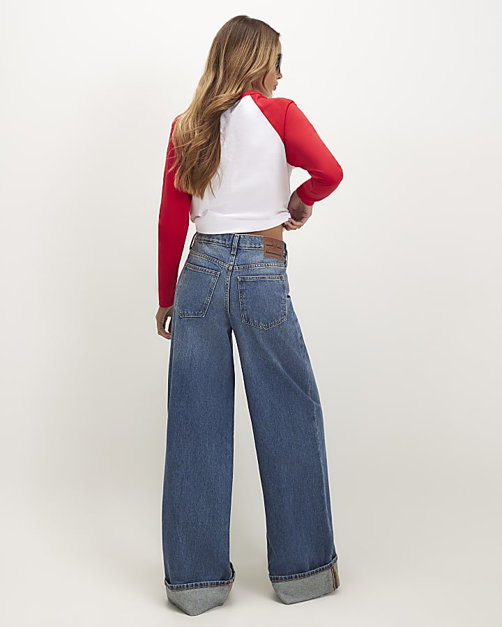 Blue Low Rise Turn Up Hem Wide Leg Jeans