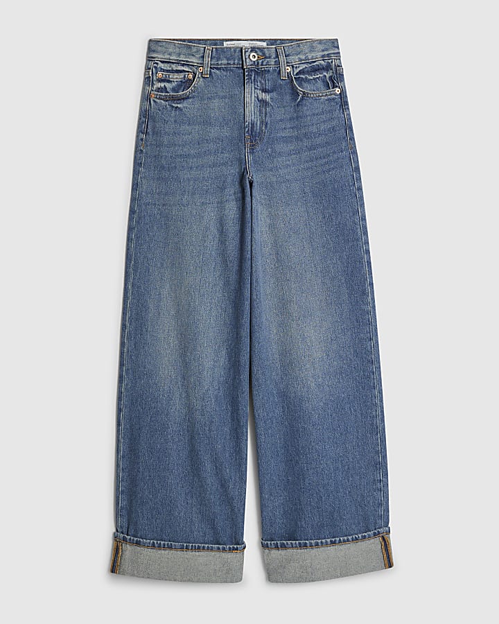 Blue Low Rise Turn Up Hem Wide Leg Jeans