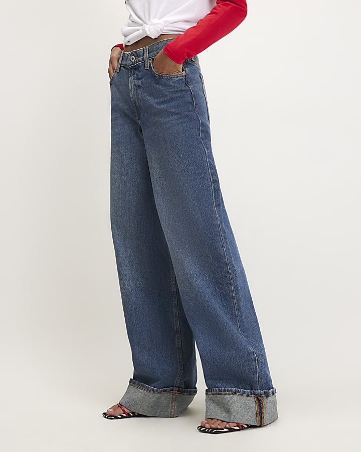 Blue Low Rise Turn Up Hem Wide Leg Jeans