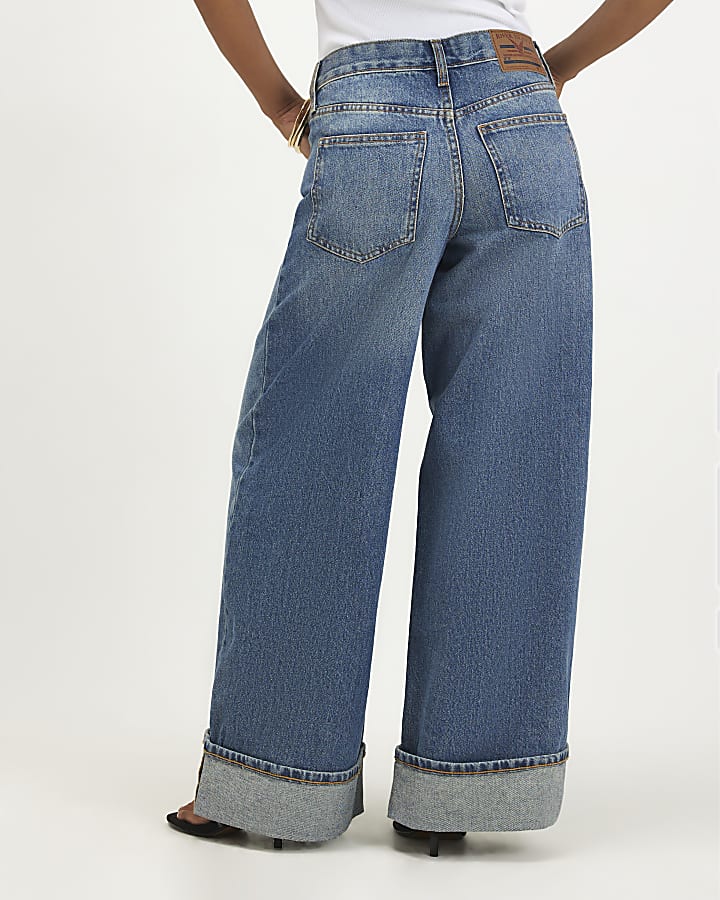 Petite Blue Low Rise Turn Up Wide Leg Jeans