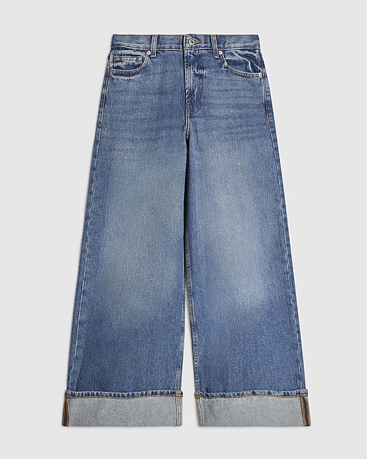 Petite Blue Low Rise Turn Up Wide Leg Jeans