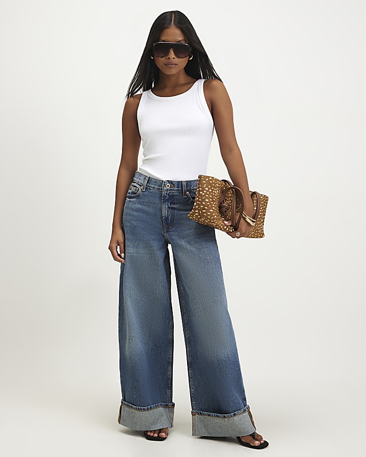 Petite Blue Low Rise Turn Up Wide Leg Jeans