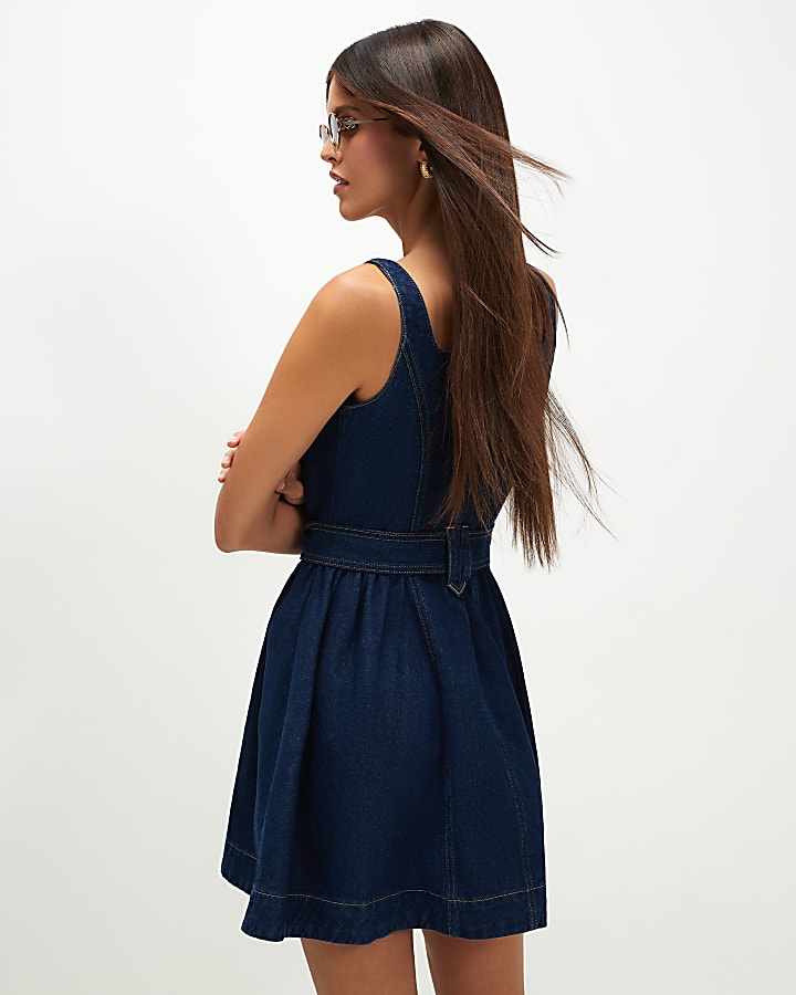Blue Belted Button Through Denim Dress