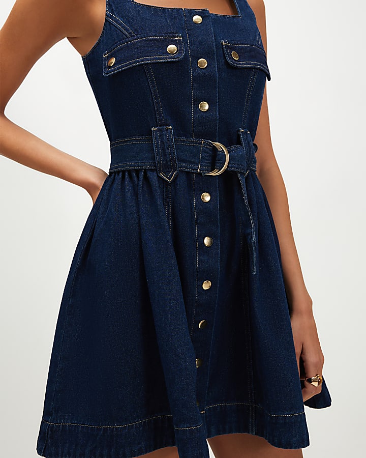 Blue Belted Button Through Denim Dress