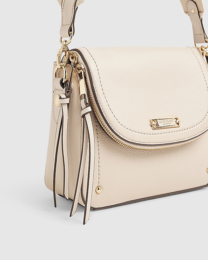 Beige Zip Flap Over Crossbody Bag