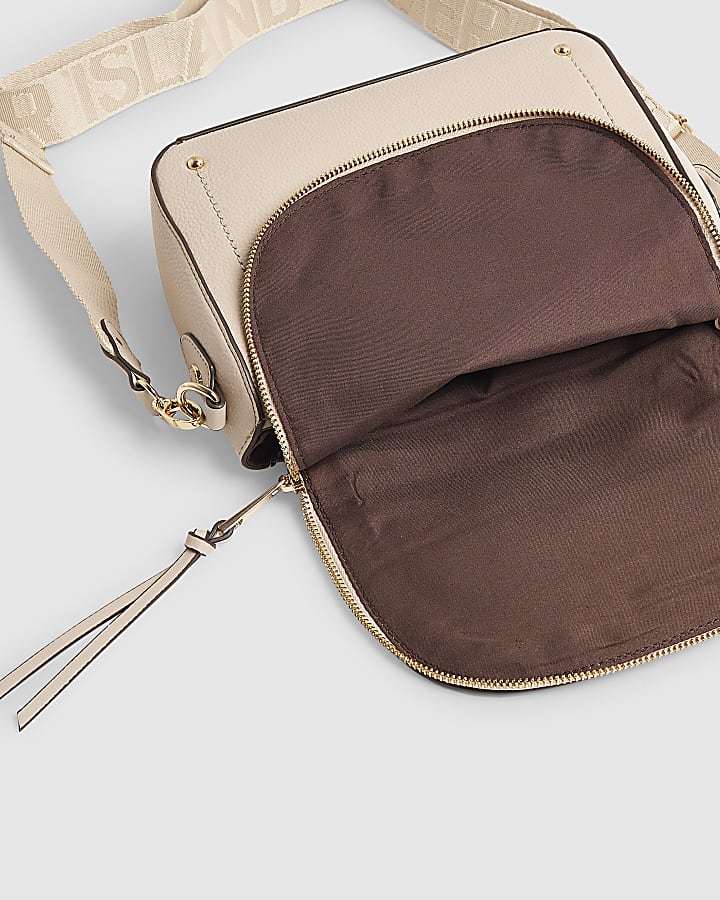 Beige Zip Flap Over Crossbody Bag
