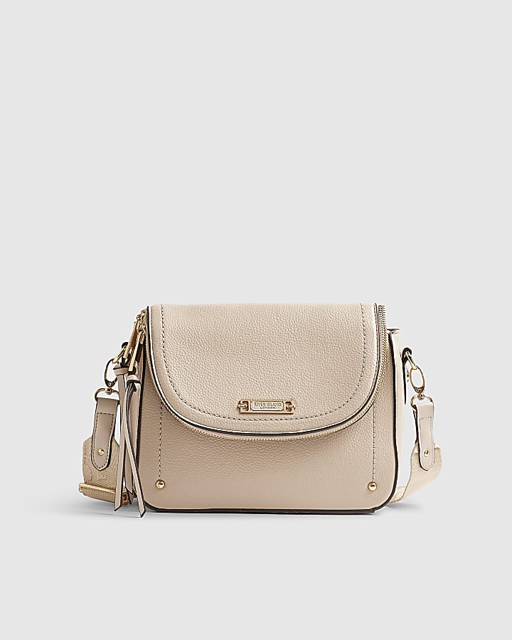 Beige Zip Flap Over Crossbody Bag