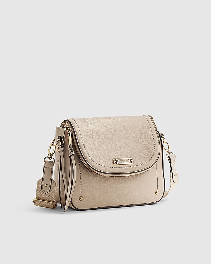 Beige Zip Flap Over Crossbody Bag