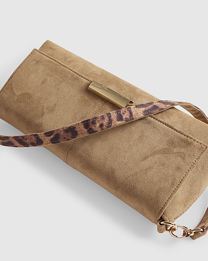 Beige Bar Flap Over Clutch Bag