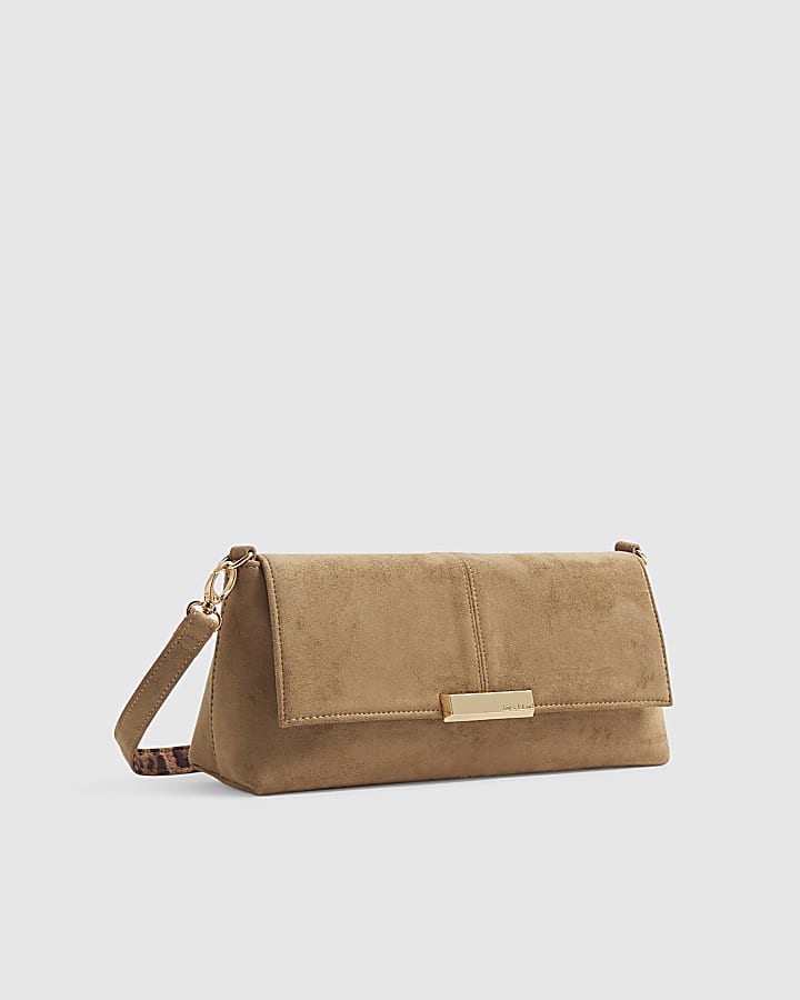 Beige Bar Flap Over Clutch Bag
