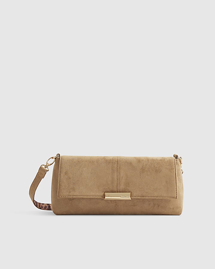 Beige Bar Flap Over Clutch Bag