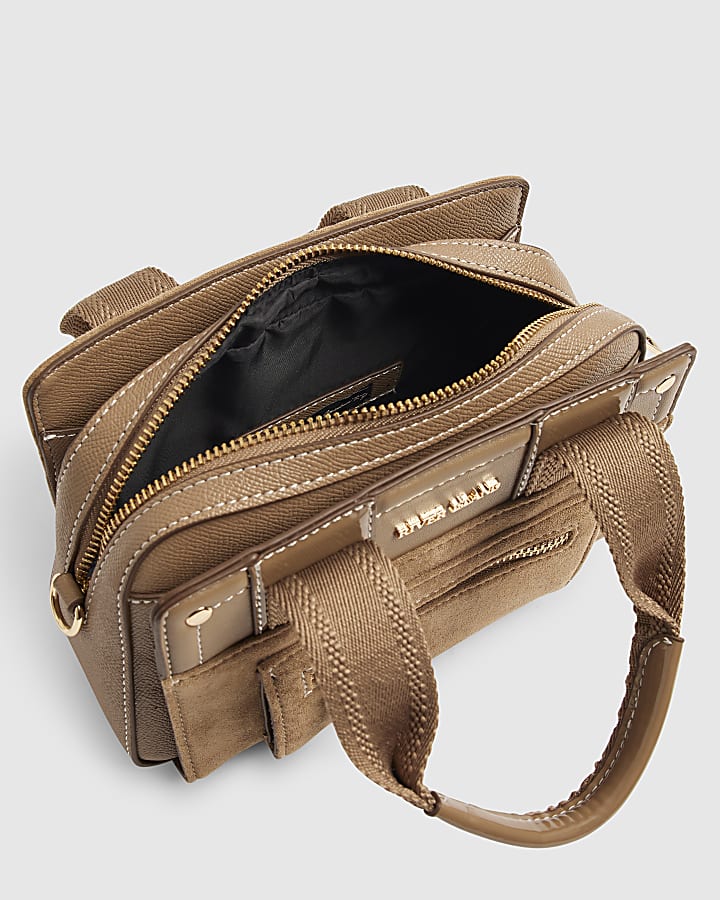 Beige Webbing Handle Tote Crossbody Bag