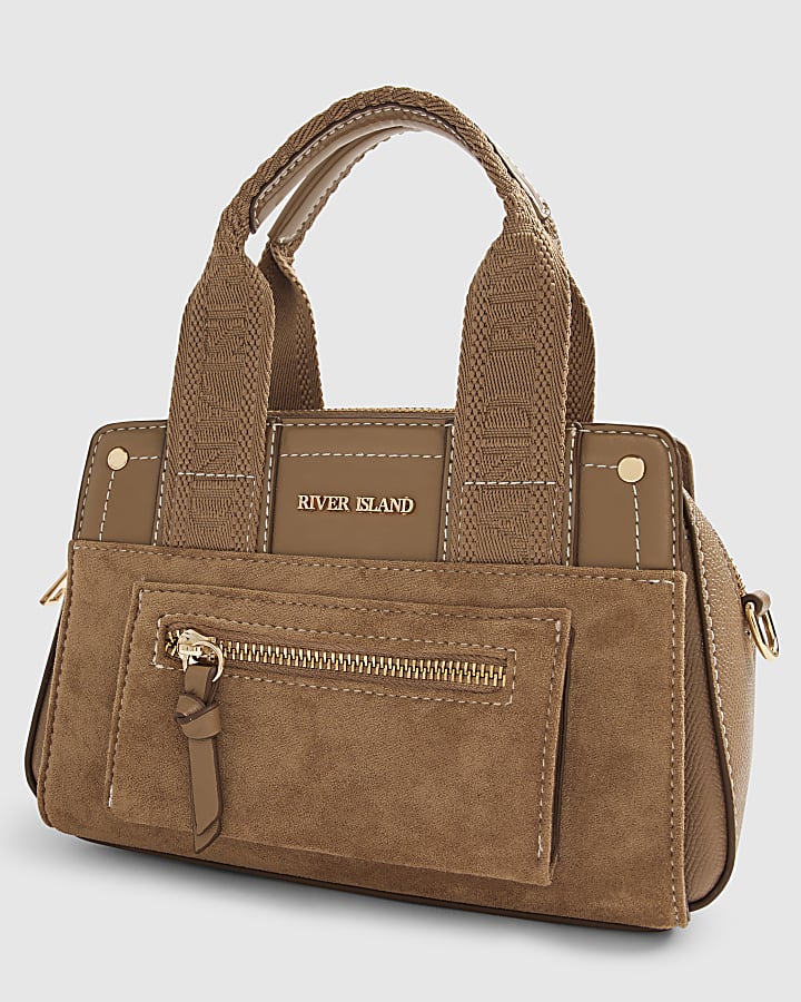 Beige Webbing Handle Tote Crossbody Bag