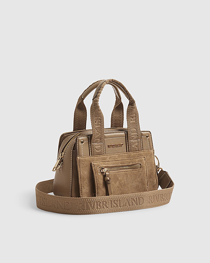 Beige Webbing Handle Tote Crossbody Bag